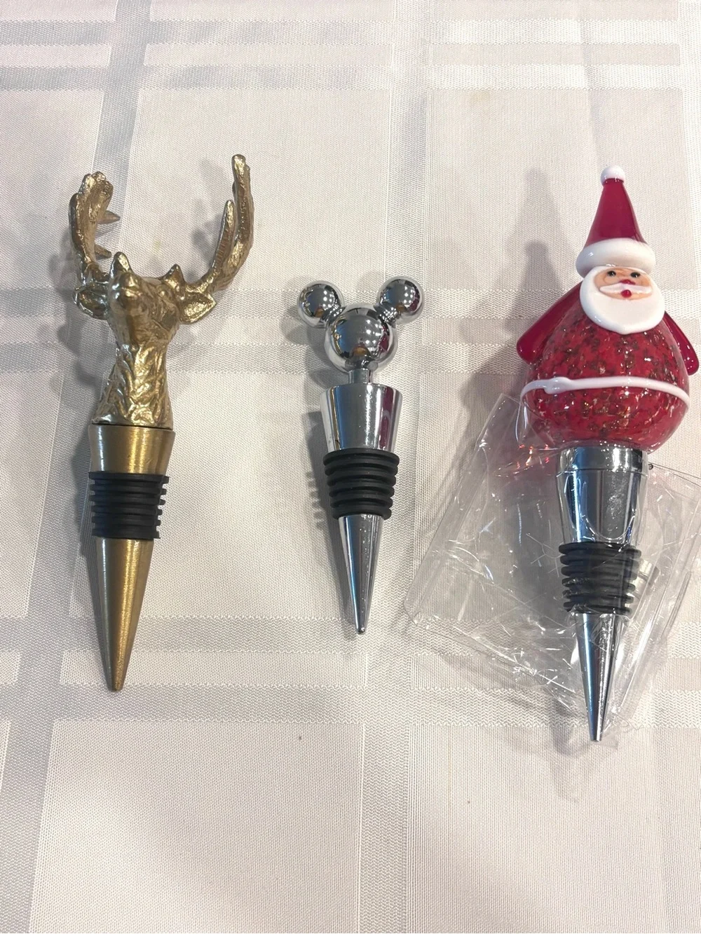 Decorative Holiday Bottle Stoppers Set - Gold Deer, Mickey Mouse, LED Red Santa